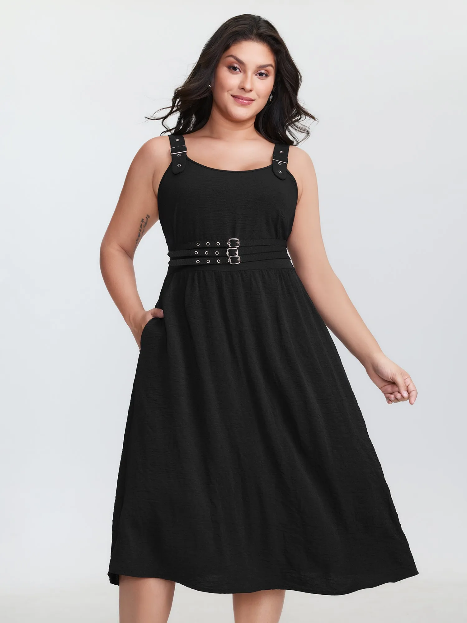 Wide Straps Belted Buckle Detail Midi Dress sold by Bloomchic