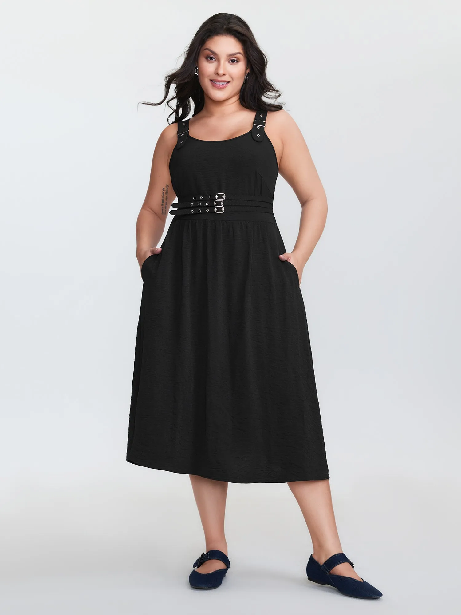Wide Straps Belted Buckle Detail Midi Dress sold by Bloomchic product image thumbnail 3