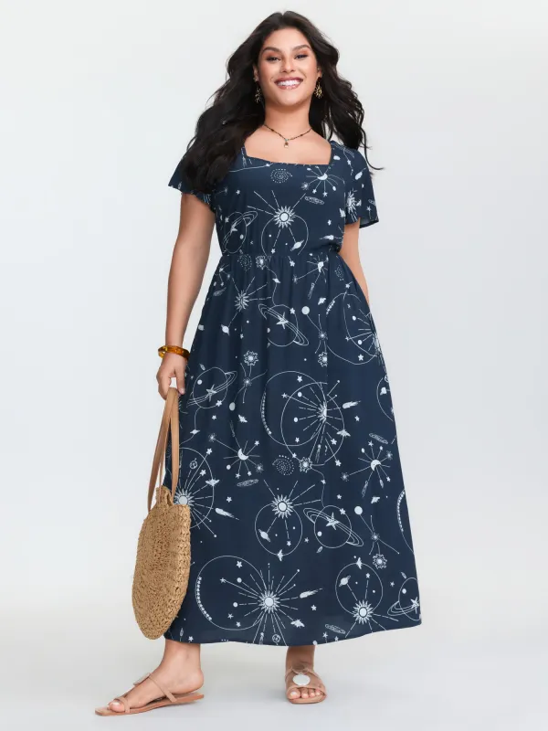 Galaxy Print Lotus Leaf Sleeve Maxi Dress sold by Bloomchic