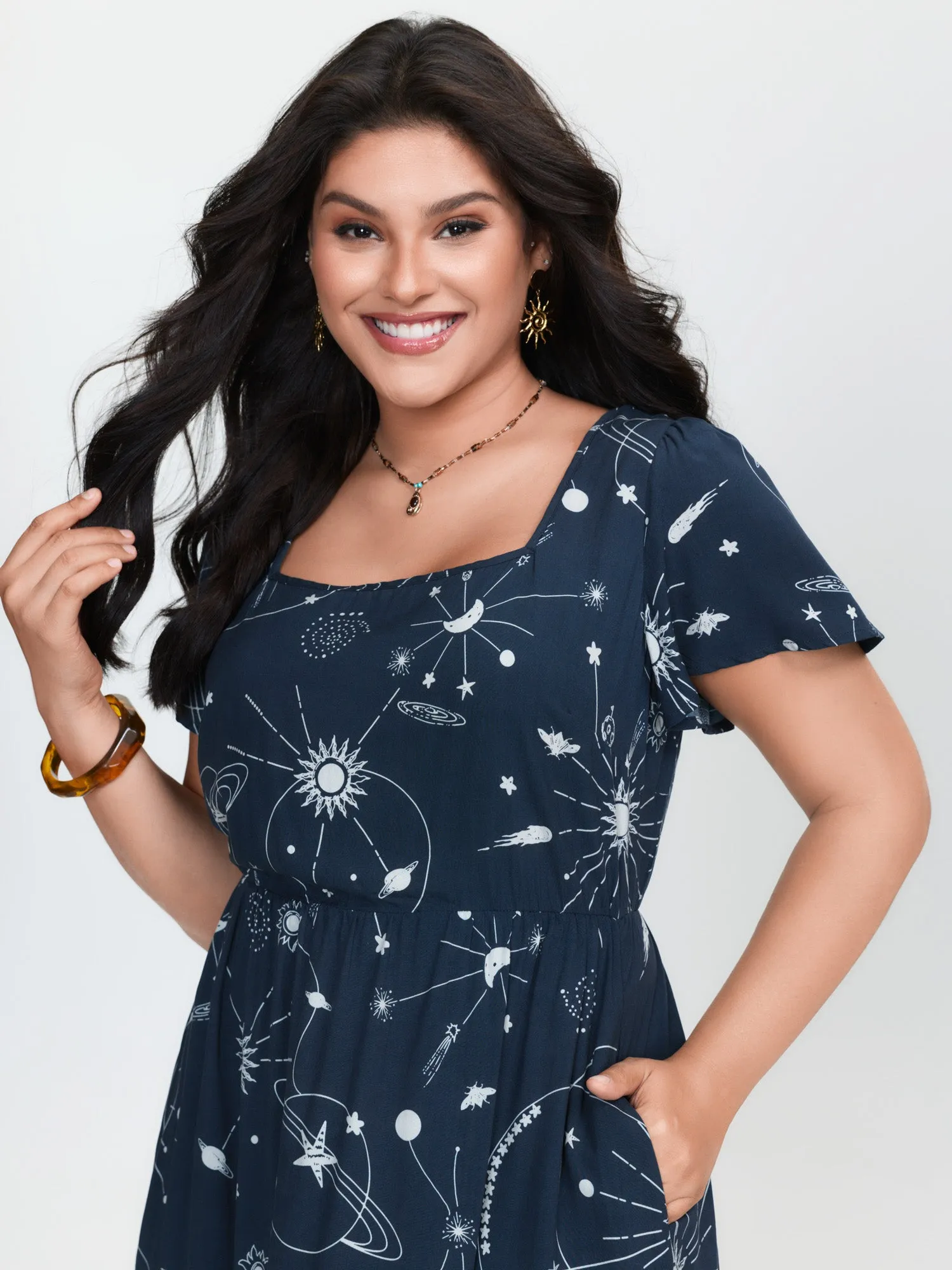 Galaxy Print Lotus Leaf Sleeve Maxi Dress sold by Bloomchic product image thumbnail 3