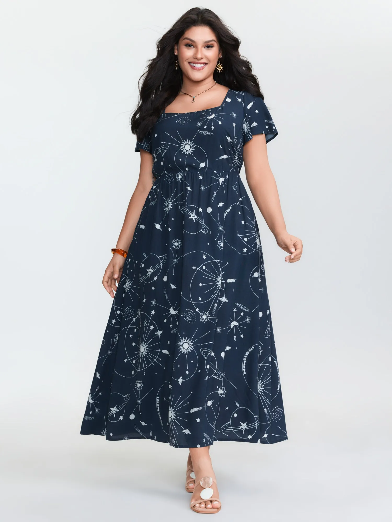 Galaxy Print Lotus Leaf Sleeve Maxi Dress sold by Bloomchic product image thumbnail 2