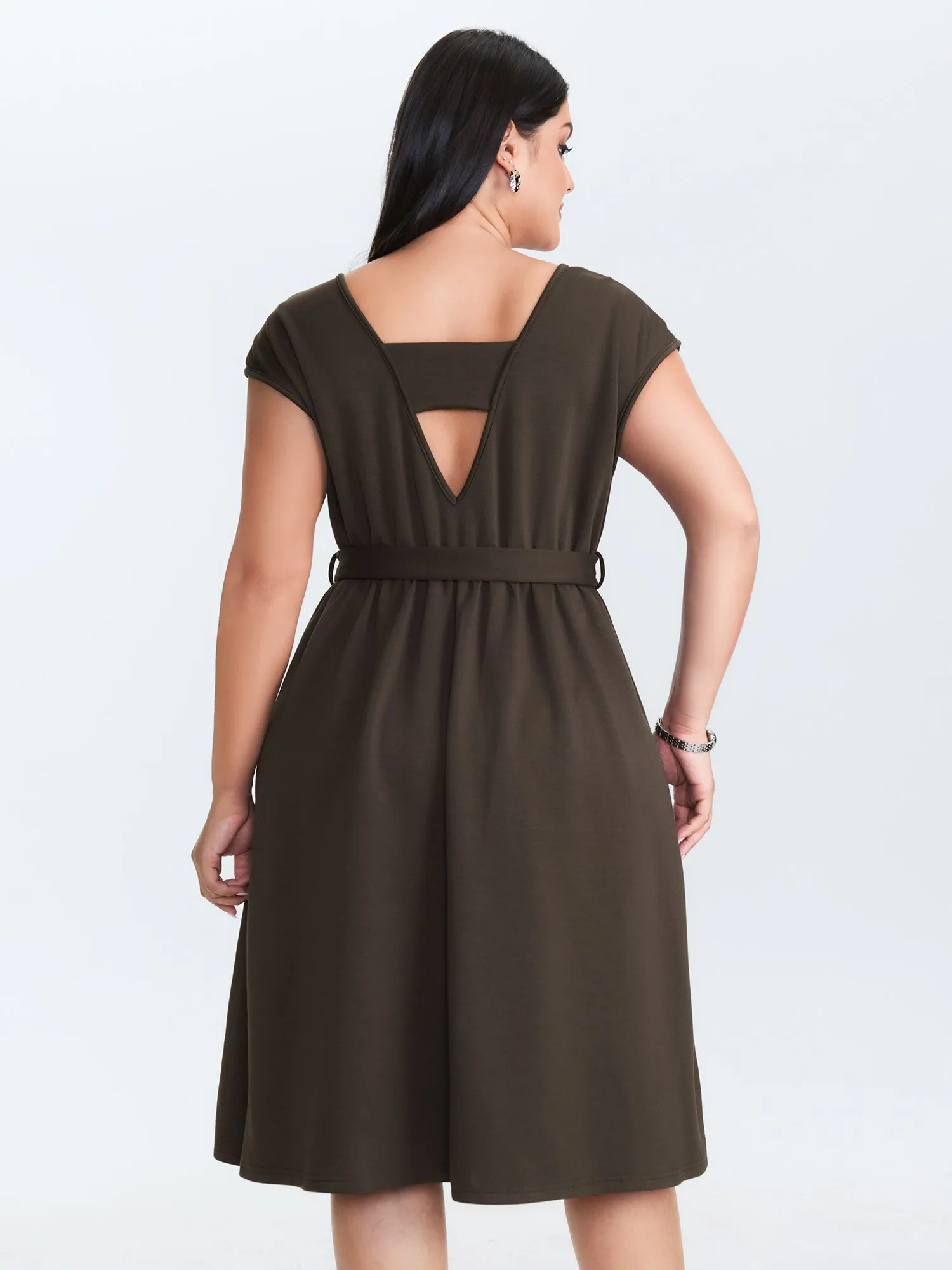 Backless Belted V-Neck Plain Midi Dress sold by Bloomchic product image thumbnail 4