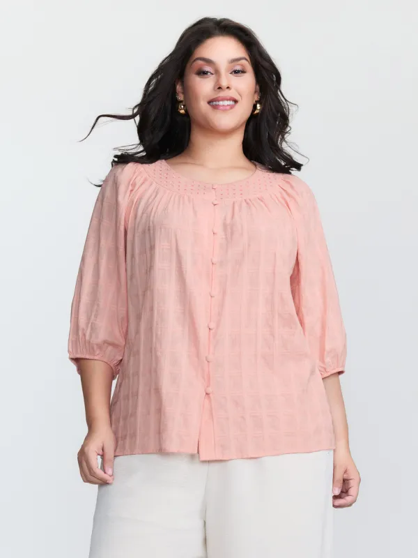 Pure Cotton Pleated Button-Down Top sold by Bloomchic