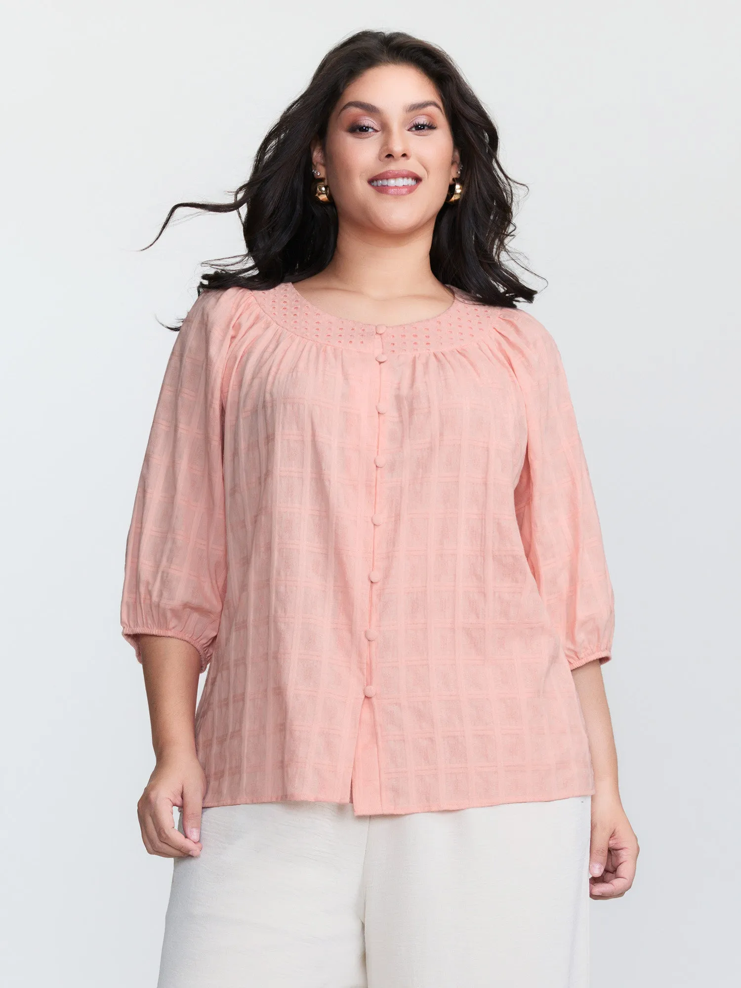 Pure Cotton Pleated Button-Down Top sold by Bloomchic