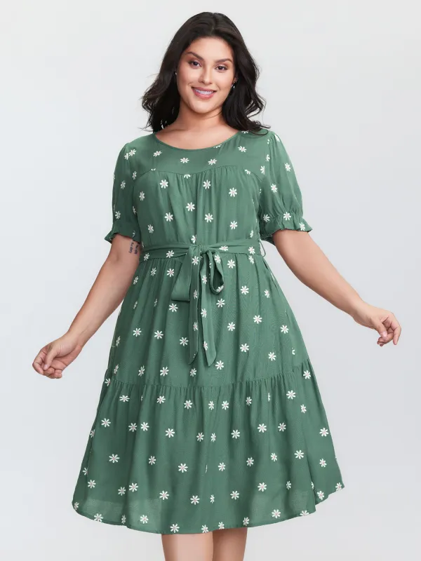 Supersoft Floral Embroidered Waist-Tie Mini Dress sold by Bloomchic