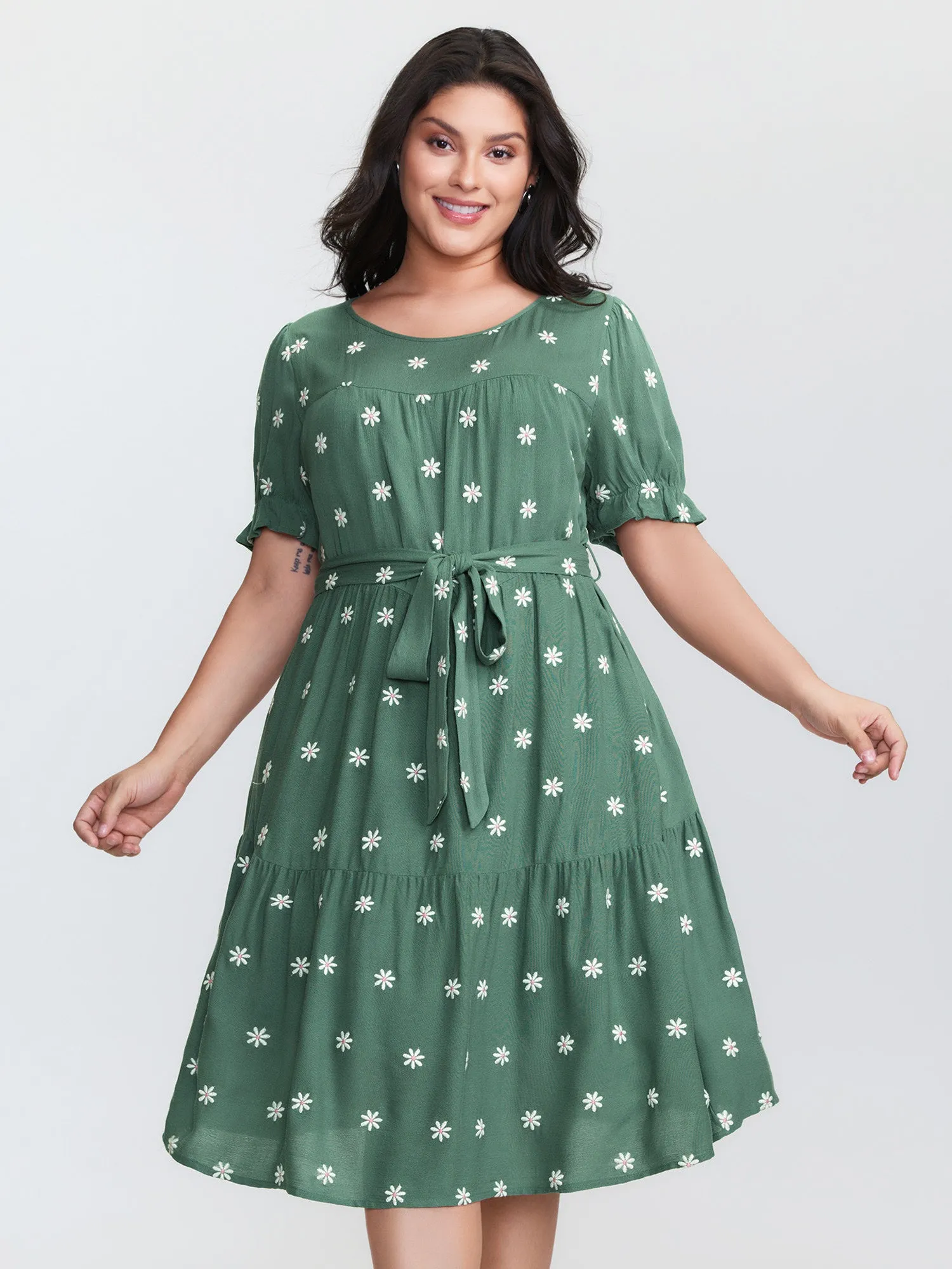 Supersoft Floral Embroidered Waist-Tie Mini Dress sold by Bloomchic