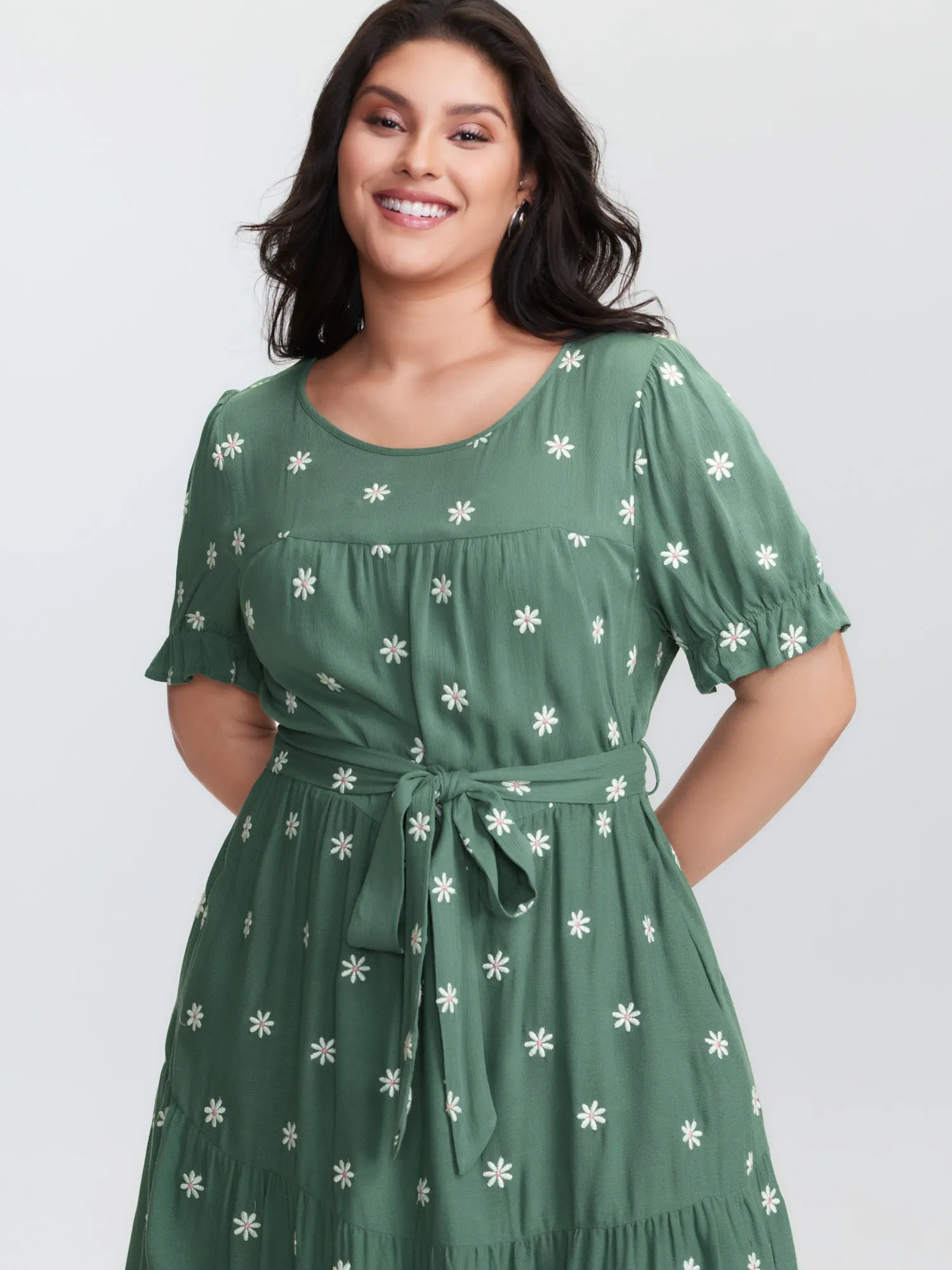 Supersoft Floral Embroidered Waist-Tie Mini Dress sold by Bloomchic product image thumbnail 3