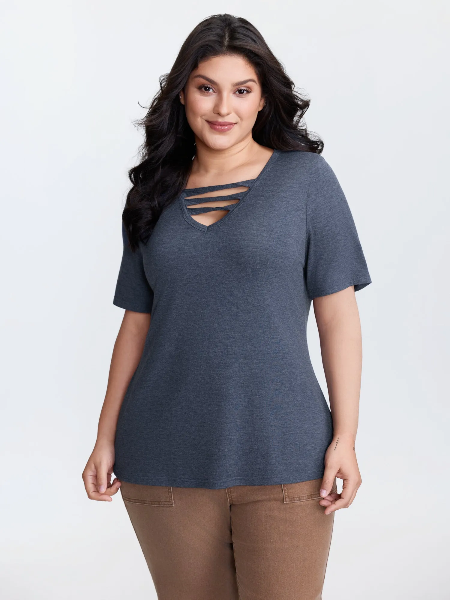 Supersoft Heather Cut-Out Neckline T-Shirt sold by Bloomchic