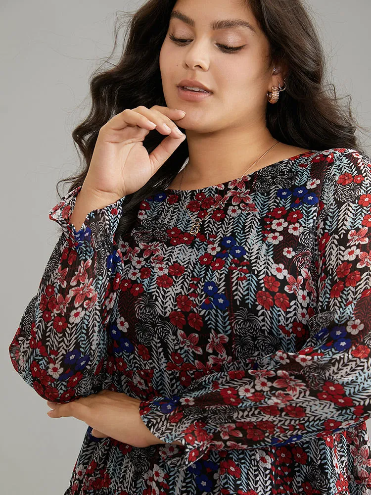 Floral Ruffles Elastic Waist Lantern Sleeve Chiffon Blouse sold by Bloomchic product image thumbnail 5