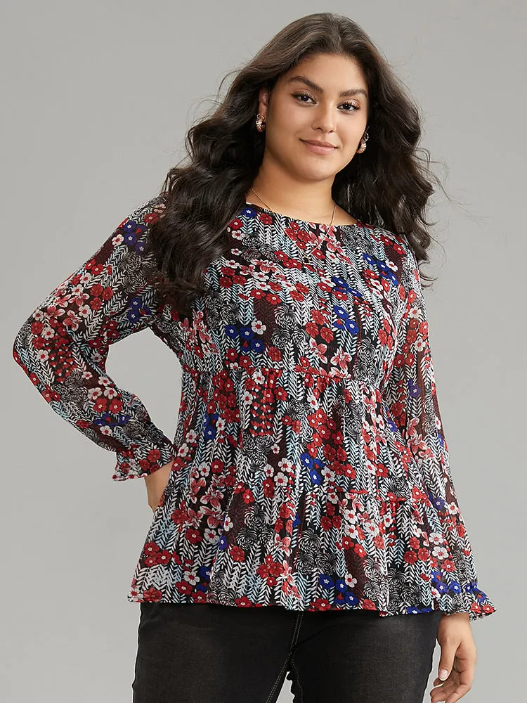 Floral Ruffles Elastic Waist Lantern Sleeve Chiffon Blouse sold by Bloomchic product image thumbnail 2