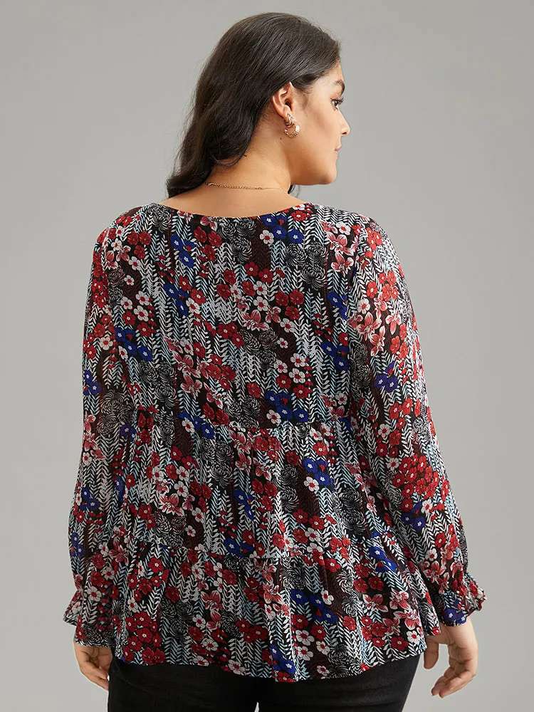 Floral Ruffles Elastic Waist Lantern Sleeve Chiffon Blouse sold by Bloomchic product image thumbnail 3