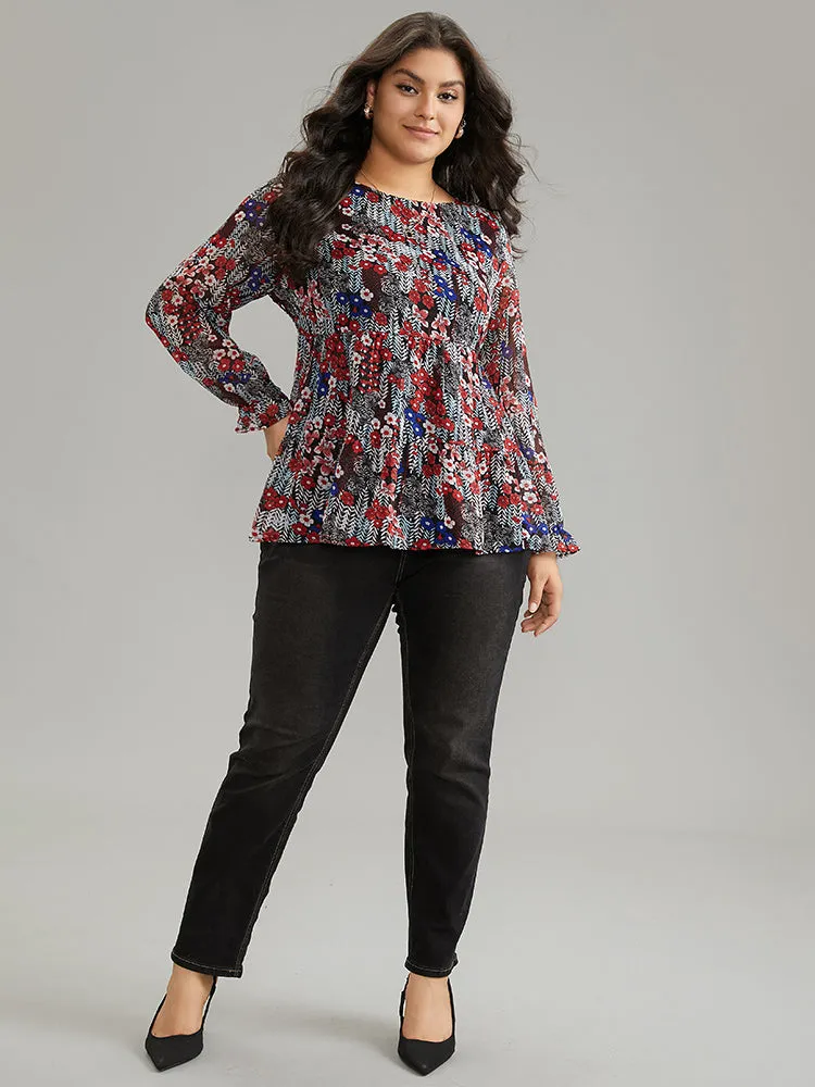 Floral Ruffles Elastic Waist Lantern Sleeve Chiffon Blouse sold by Bloomchic product image thumbnail 4