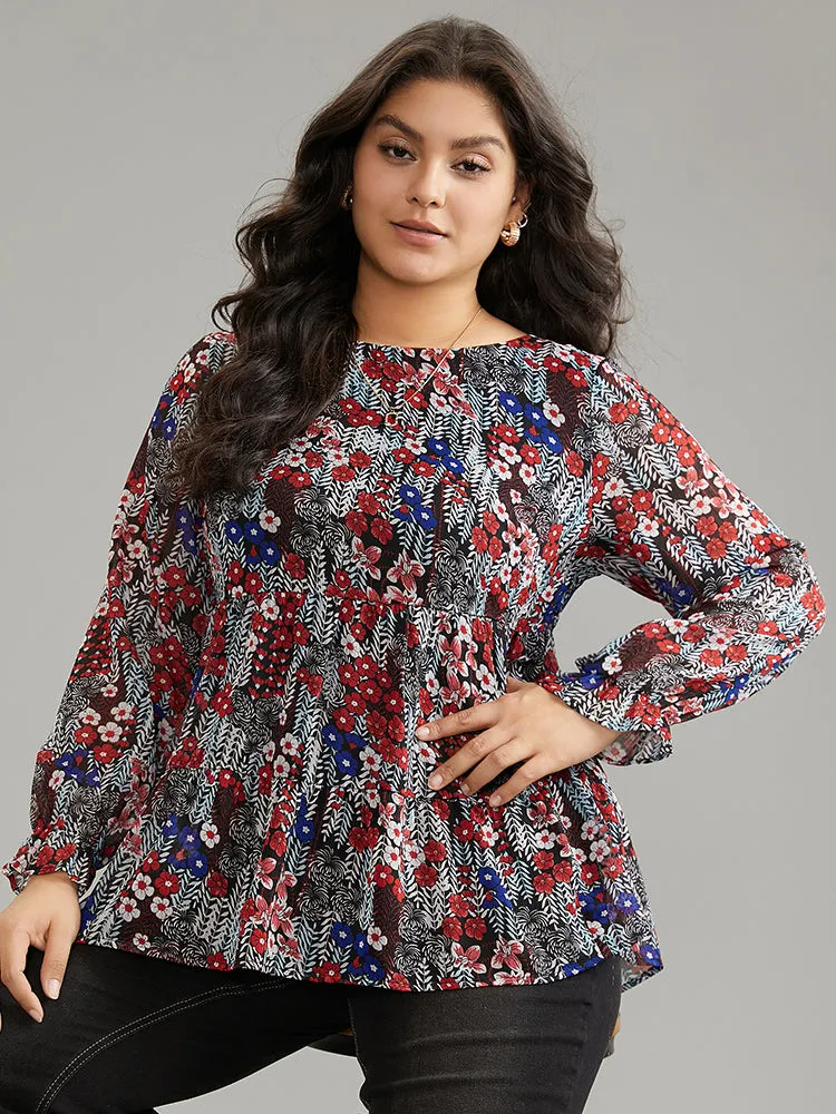 Floral Ruffles Elastic Waist Lantern Sleeve Chiffon Blouse sold by Bloomchic