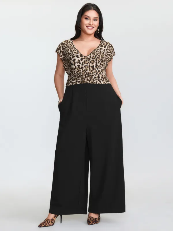 Leopard Print Contrast Flutter Sleeve Jumpsuit made by Bloomchic
