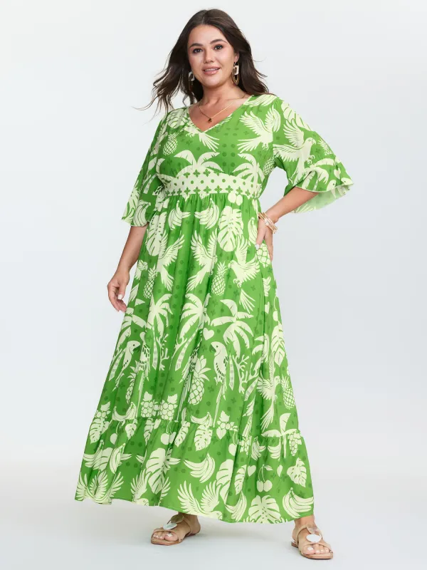 Breezy Tropical Print Waist Defining Maxi Dress sold by Bloomchic