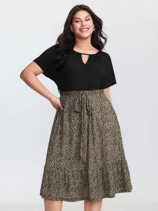 Leopard Print Contrast Cut-Out Neckline Midi Dress made by Bloomchic