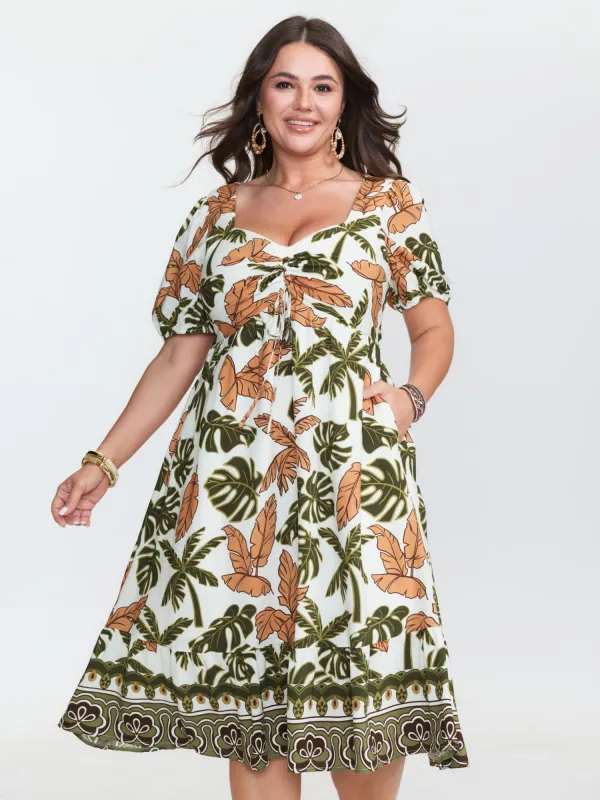 Tropical Print Ruched Sweetheart Neckline Midi Dress sold by Bloomchic