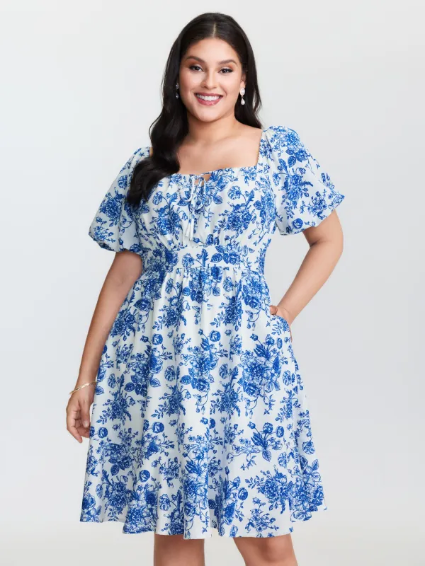 Floral Print Shirred Bodice Drawstring Midi Dress sold by Bloomchic