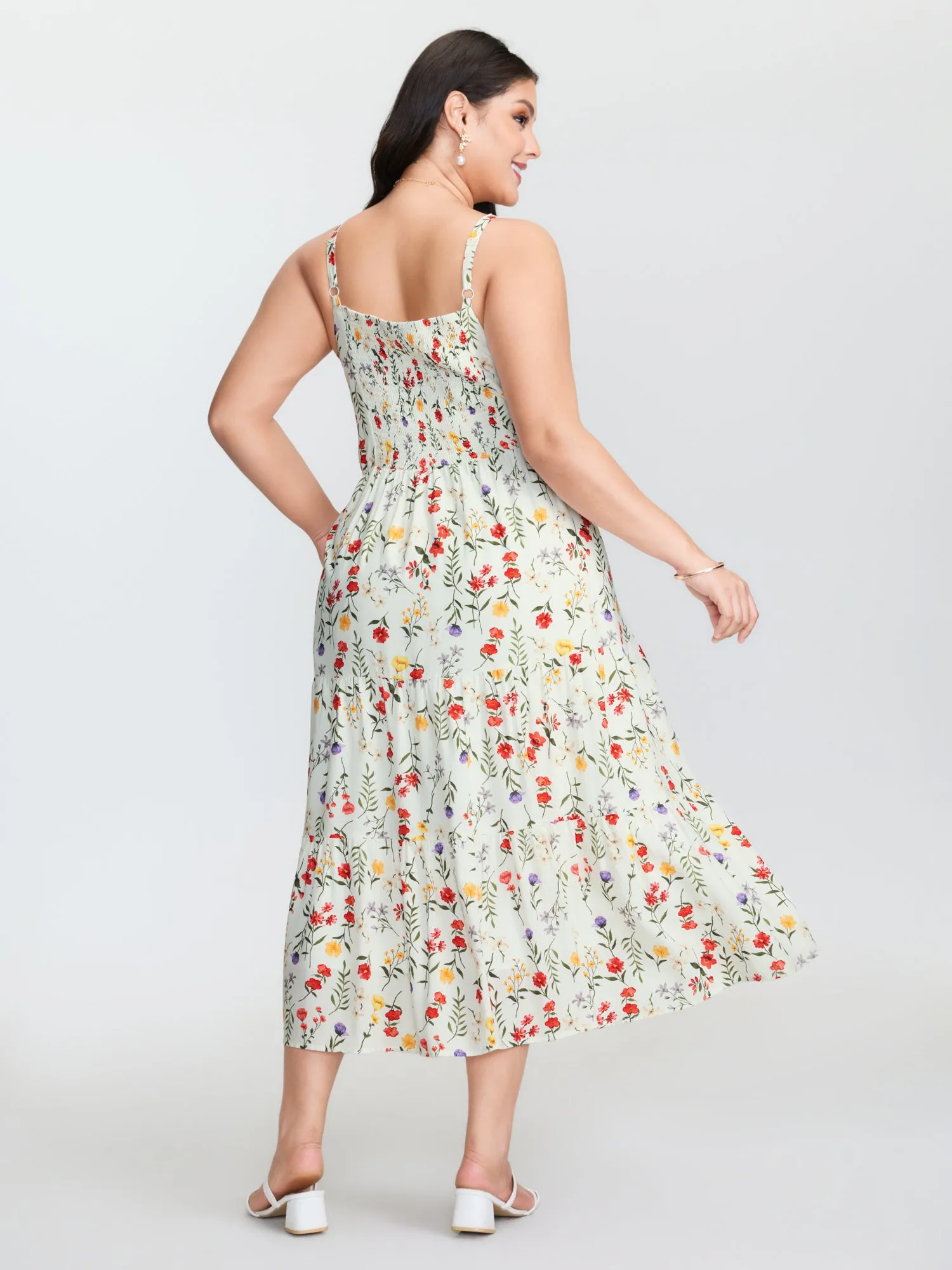 Floral Print Lace Trim Cinched Waist Midi Dress sold by Bloomchic product image thumbnail 4