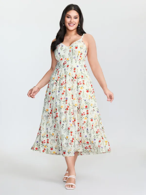Floral Print Lace Trim Cinched Waist Midi Dress sold by Bloomchic