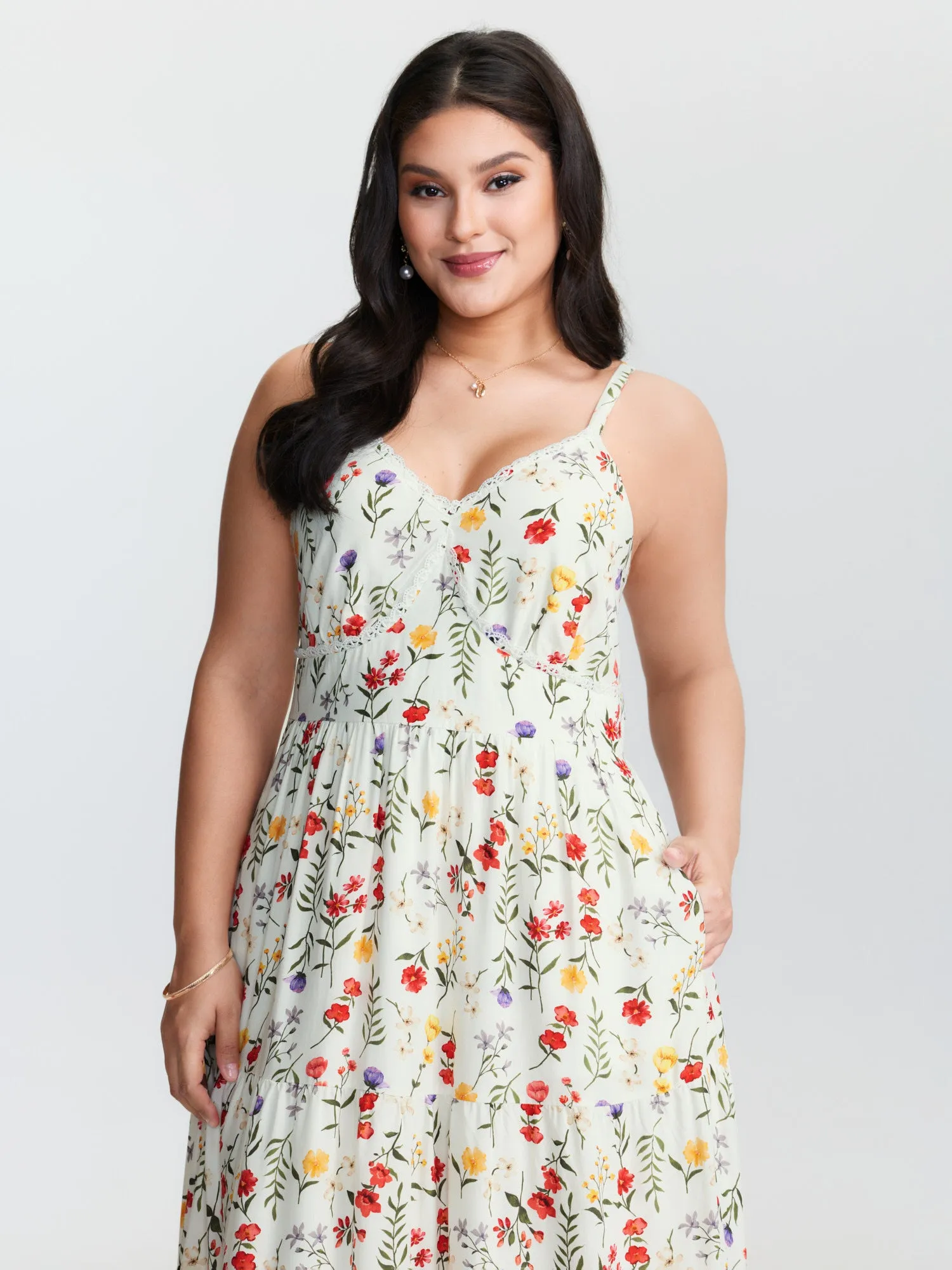 Floral Print Lace Trim Cinched Waist Midi Dress sold by Bloomchic product image thumbnail 2