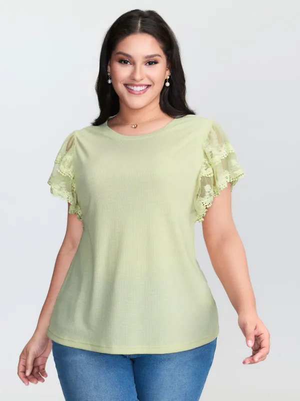 Sheer Lace Sleeve Plain T-Shirt sold by Bloomchic