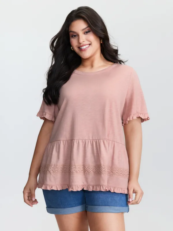 Lace Trim Ruffled Hem Plain Knit Top made by Bloomchic