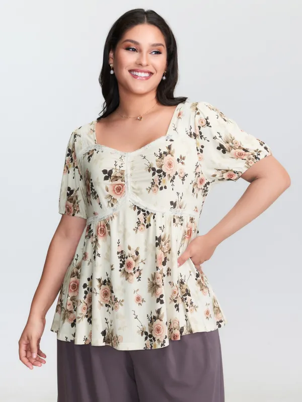 Floral Print Lace Trim Knit Top sold by Bloomchic