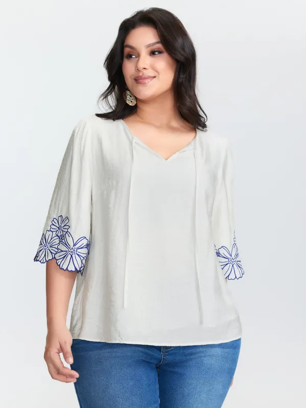 Floral Embroidered Sleeve Neck Keyhole Blouse sold by Bloomchic