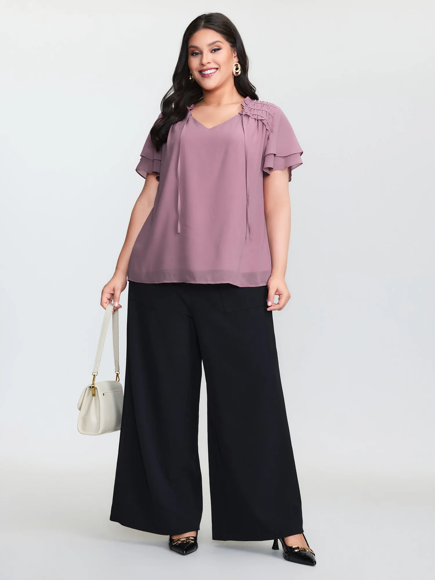 Ruffled Detail Neck Tie Layered Sleeve Blouse sold by Bloomchic product image thumbnail 3
