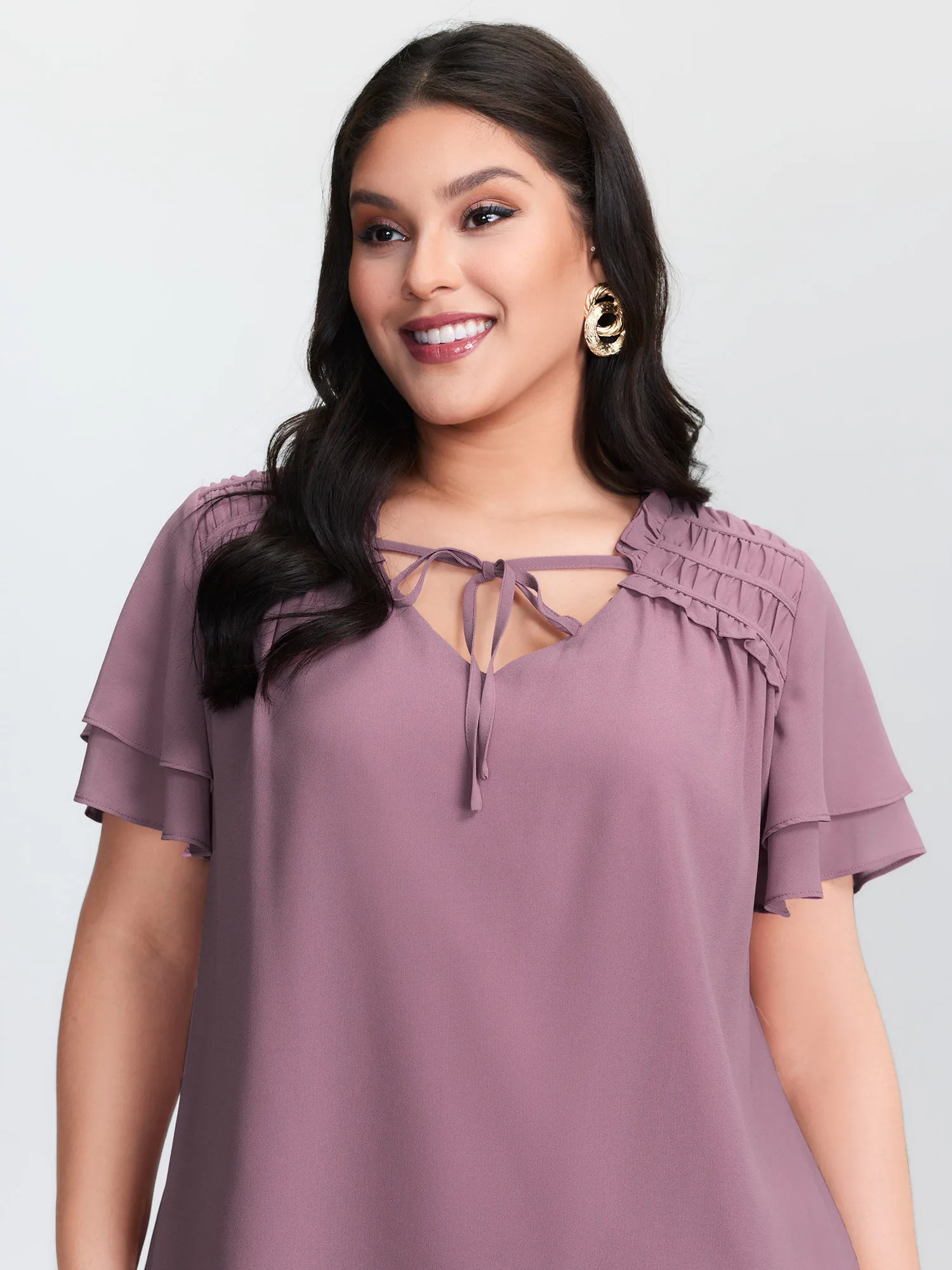 Ruffled Detail Neck Tie Layered Sleeve Blouse sold by Bloomchic product image thumbnail 2