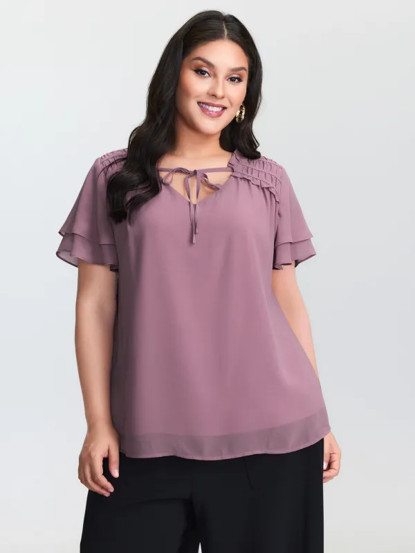 Ruffled Detail Neck Tie Layered Sleeve Blouse sold by Bloomchic