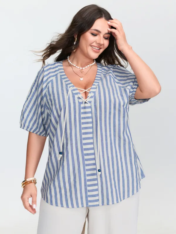 Sun-Washed Cotton Striped Print Neck Tie Blouse sold by Bloomchic