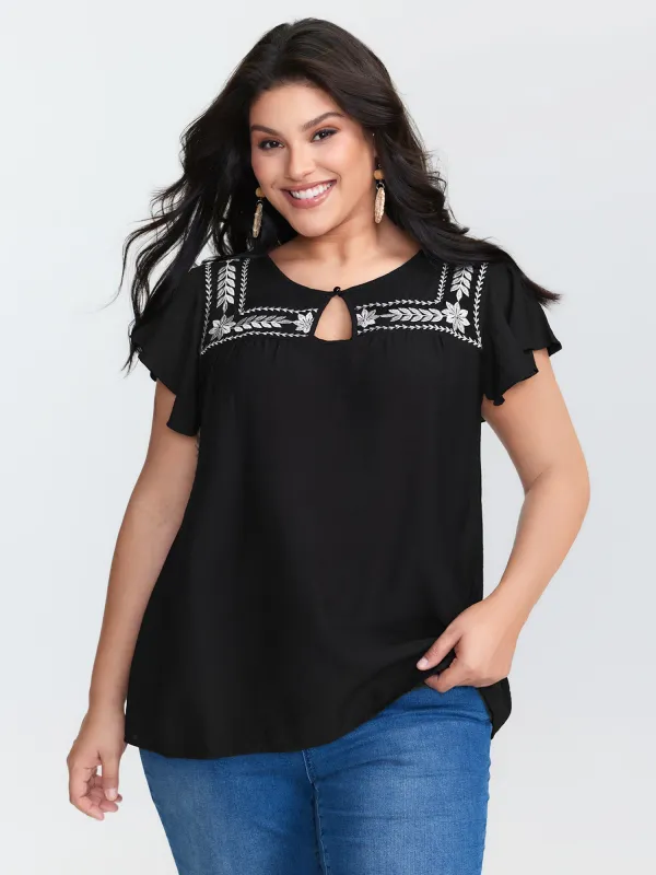 Embroidered Neckline Flutter Sleeve Blouse sold by Bloomchic