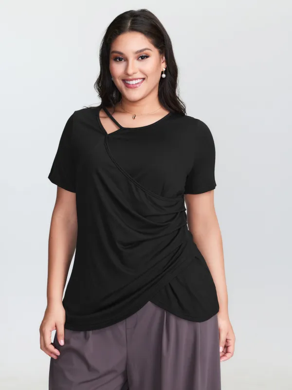 Stretchy Asymmetrical Neckline Slit Knit Top sold by Bloomchic