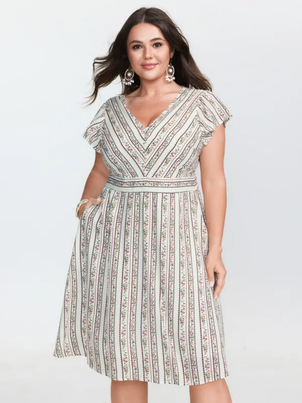 Floral Striped Print Pockets V-Neck Midi Dress sold by Bloomchic