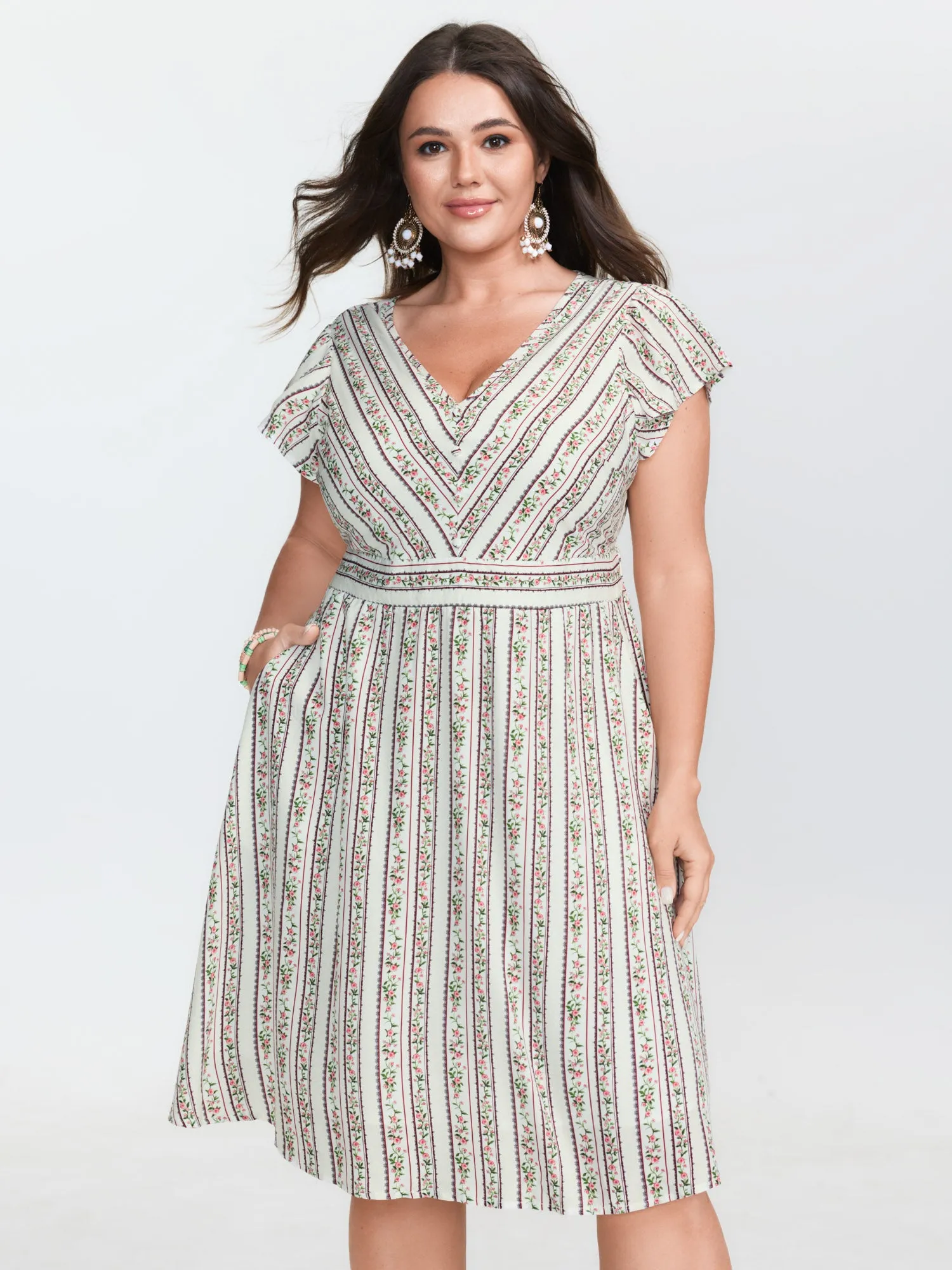 Floral Striped Print Pockets V-Neck Midi Dress sold by Bloomchic