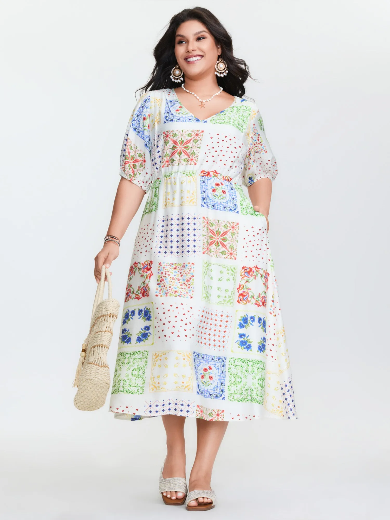 Floral Collage Pockets Stretchy Waist Midi Dress sold by Bloomchic product image thumbnail 2