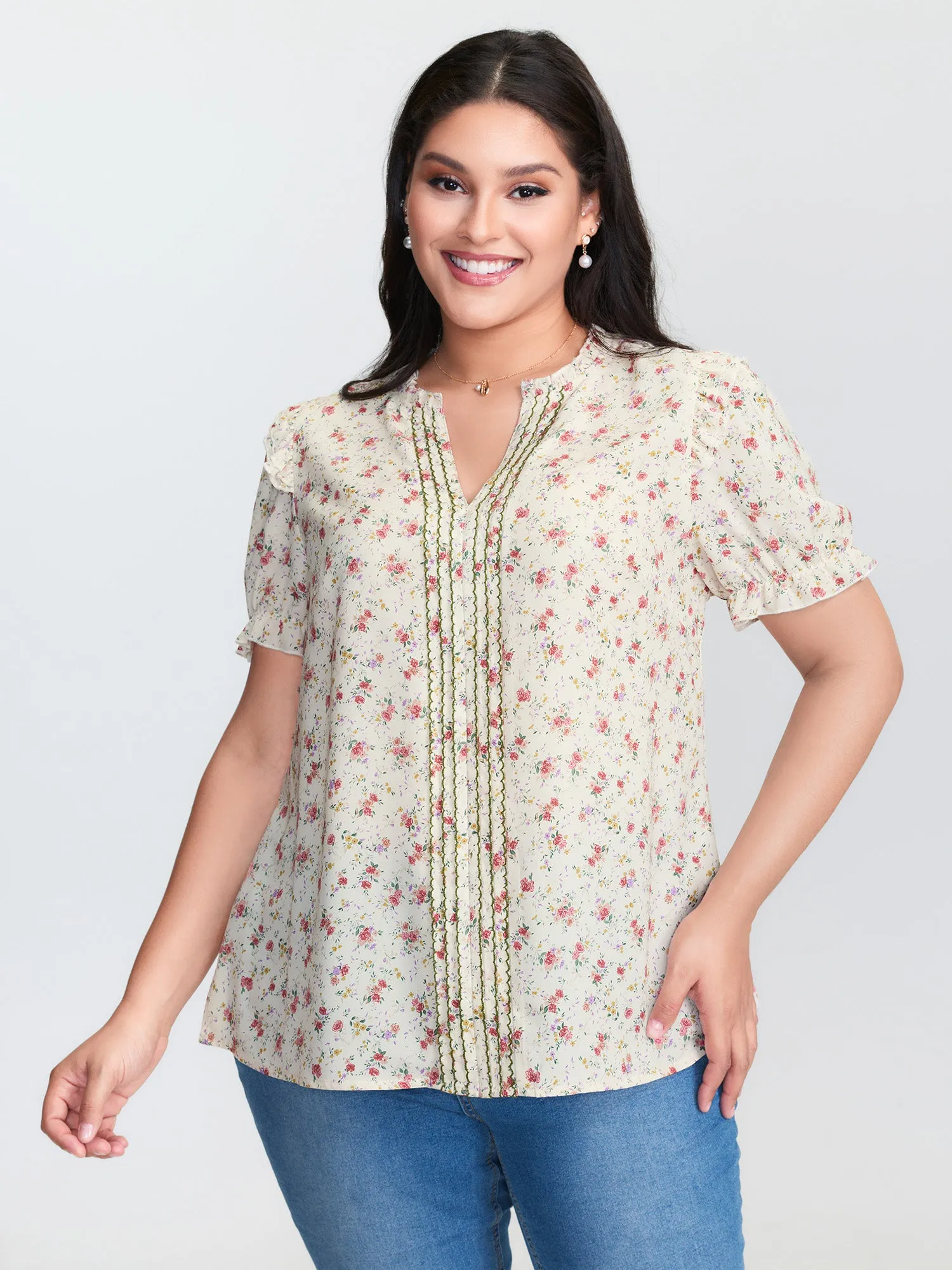 Floral Print Shirred Cuff Sleeve Contrast Blouse sold by Bloomchic