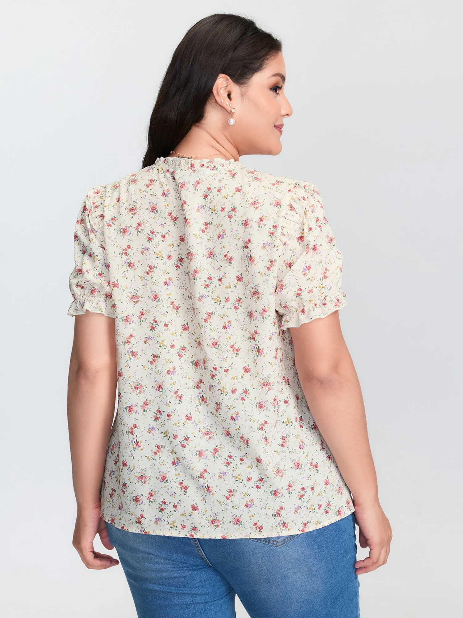 Floral Print Shirred Cuff Sleeve Contrast Blouse sold by Bloomchic product image thumbnail 4
