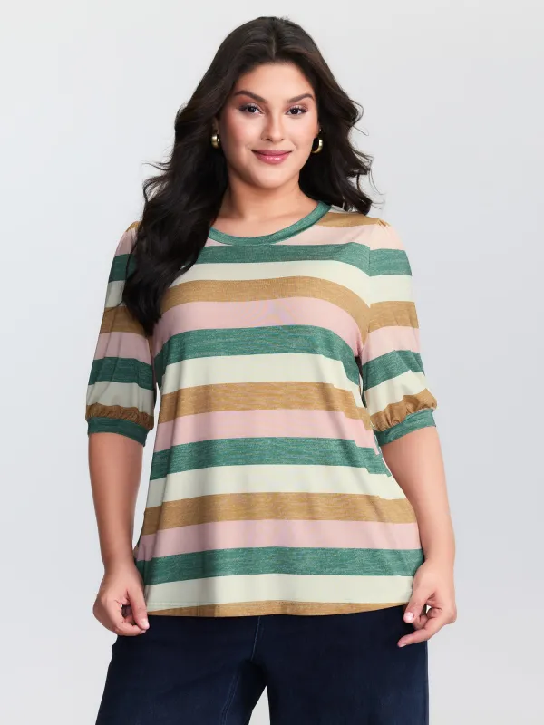 Colorful Striped Print Round Neck T-Shirt sold by Bloomchic