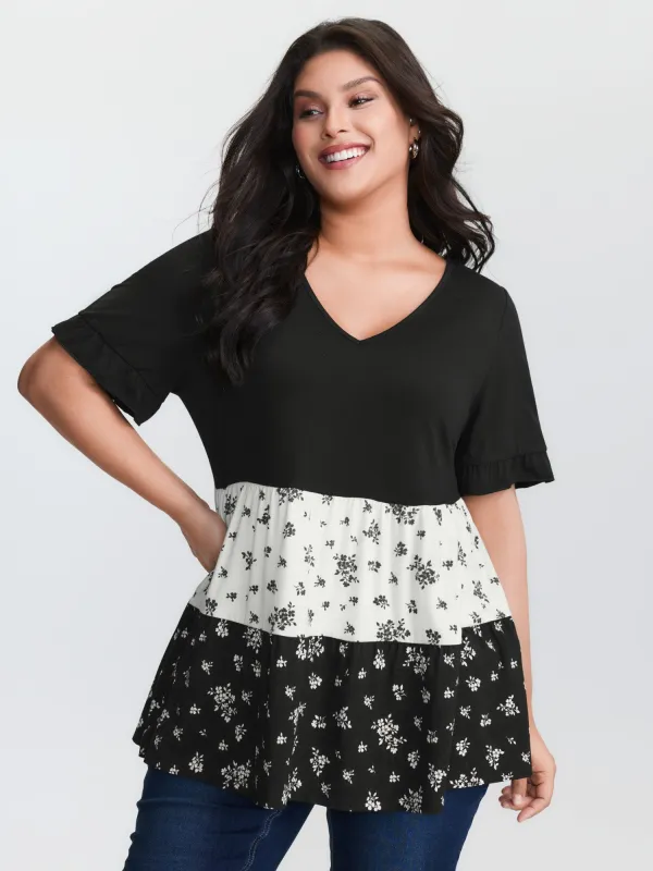 Color Contrast Floral Print Tiered Top made by Bloomchic