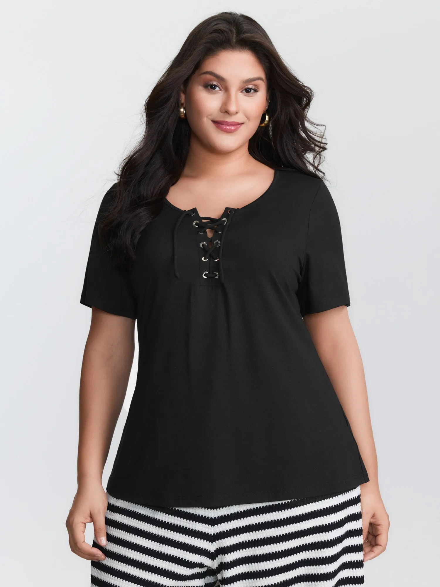 Cross Tie Neckline Plain T-Shirt sold by Bloomchic