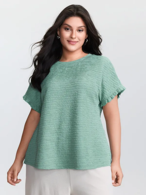 Textured Ruffled Sleeve Detail Plain T-Shirt sold by Bloomchic