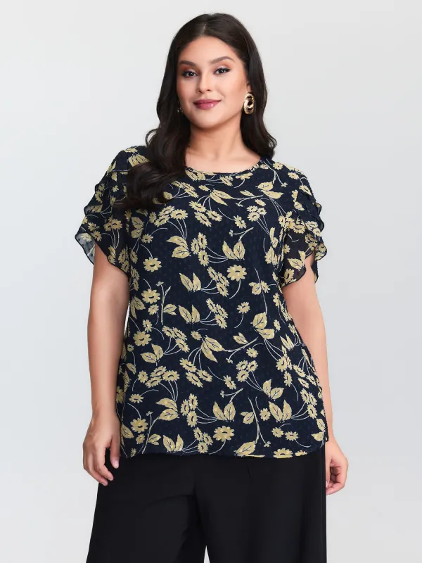 Chiffon Textured Floral Print Puff Sleeve Blouse sold by Bloomchic