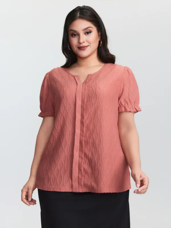 Textured Knot Placket Shirred Cuff Sleeve Top made by Bloomchic