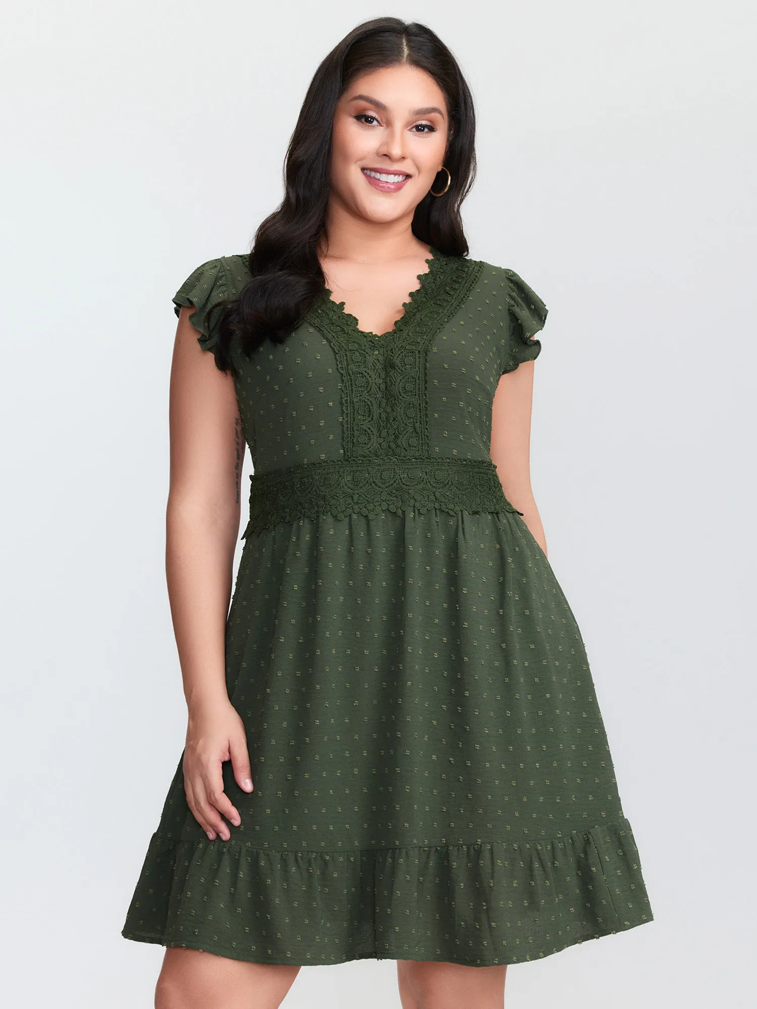 Textured Polka Dots Lace Trim Mini Dress sold by Bloomchic