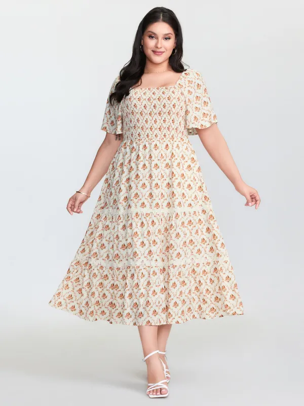 Floral Print Shirred Bodice Midi Dress sold by Bloomchic