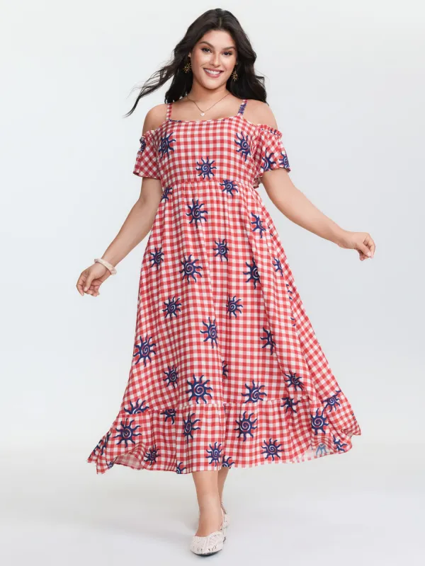 Gingham Floral Print Off-Shoulder Midi Dress sold by Bloomchic