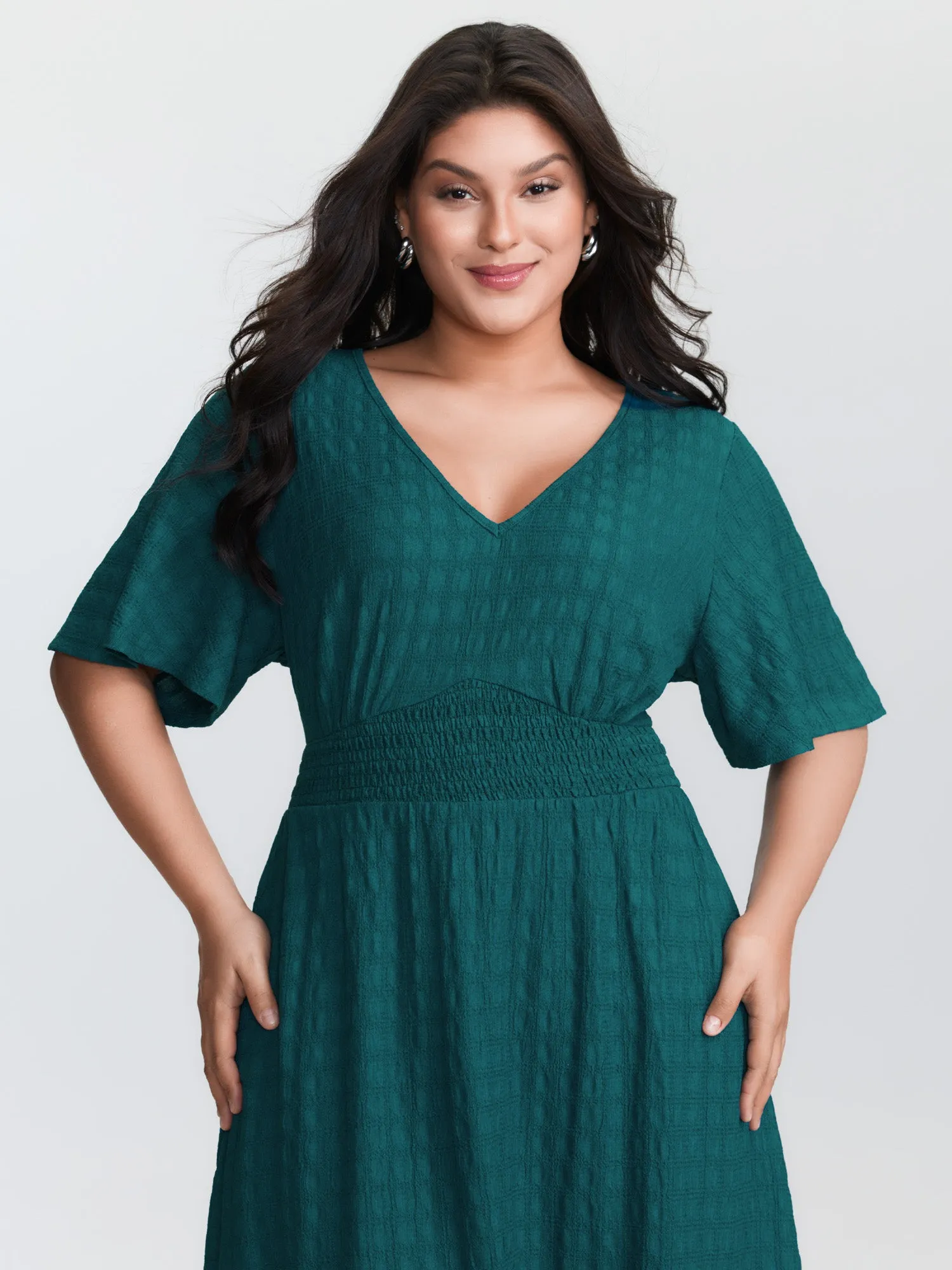 Textured V-Neck Shirred Waist Midi Dress sold by Bloomchic product image thumbnail 2